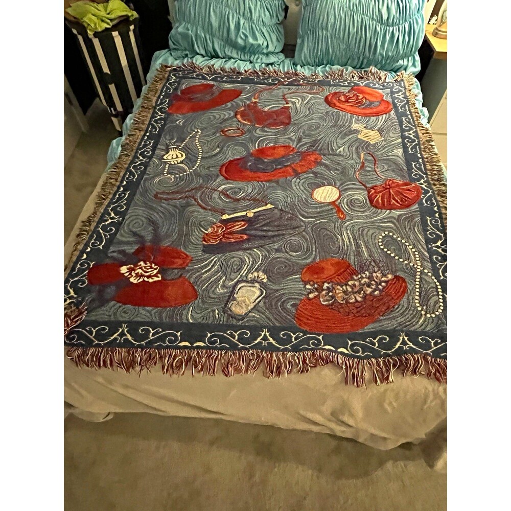 Vintage Red Hat Society Woven Tapestry Throw  Fringed Cotton Afghan 40/62